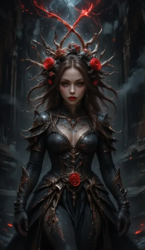 A graceful and mysterious woman in a gothic style, wearing a luxurious black dress decorated with gold and red embroidery. The dress is decorated with white and red flowers, giving an elegant impression. This woman has long brwon hair tied high with large ...