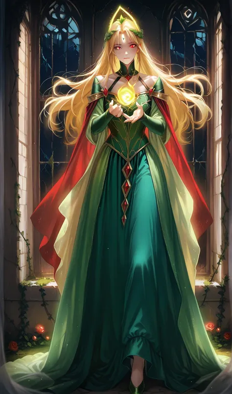 A dramatic anime adaptation of Sleeping Beauty. The princess lies asleep on a bed of glowing roses, her long golden hair cascading around her like a radiant halo. She wears an elegant, flowing gown that seems to shimmer with stardust. The castle around her...