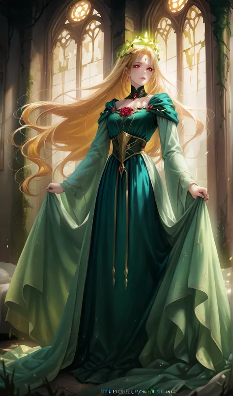 A dramatic anime adaptation of Sleeping Beauty. The princess lies asleep on a bed of glowing roses, her long golden hair cascading around her like a radiant halo. She wears an elegant, flowing gown that seems to shimmer with stardust. The castle around her...