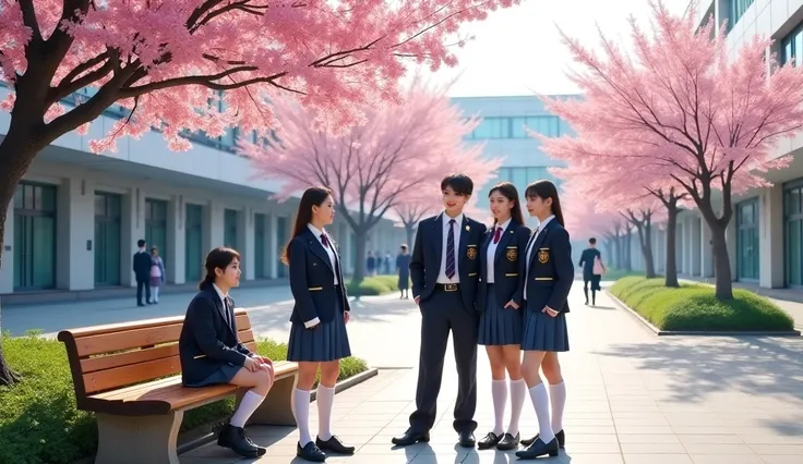 A spacious South Korean school courtyard filled with the vibrancy of youth. A group of friends is gathered near a wooden bench under the shade of a cherry blossom tree in bloom, smiling and sharing lighthearted stories.

The students are dressed in traditi...