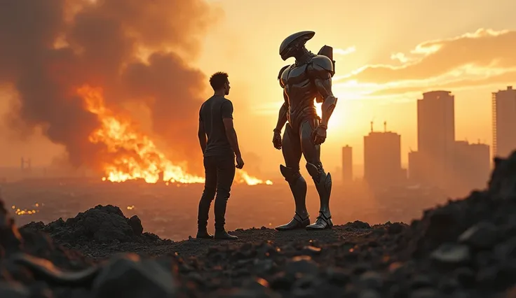 A human and an alien standing on a battlefield overlooking a burning city, with a sense of victory and tension in the air. The human, a confident and clever man with a mischievous smile, gazes into the distance while the alien, a tall, imposing figure with...