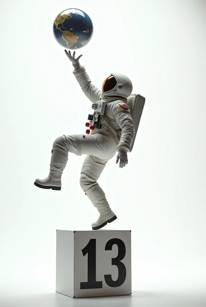  Draw very realistically like a photo of an astronaut . He balances on a cube with painted numbers .  In his left hand, the astronaut throws a globe into the air.  The background is white .