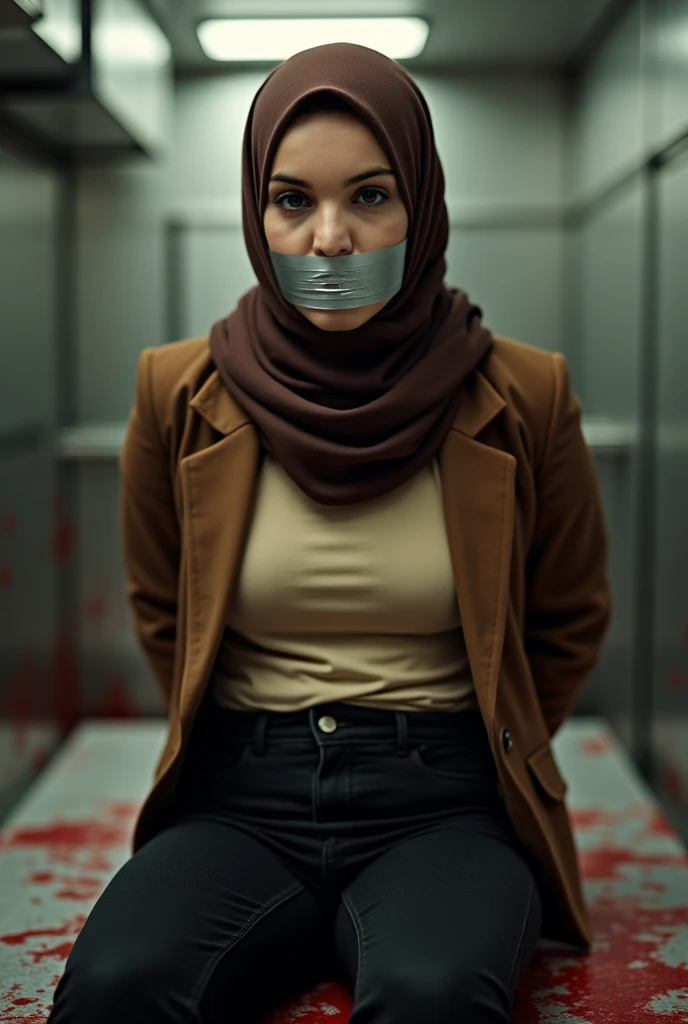 Close image of a woman her mouth taped by silver duct tape wearing brown hijab and black pants and beige t-shirt with brown business jacket hands hidden in her back sitting down on metal table in bloody butcher freezer