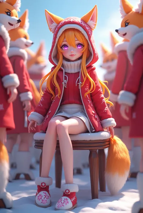 Anime Vtuber model female with bright long orange and red hair with fox ears of the same color as the speed sparkling purple eyes wearing a winter Christmas hooded sweater hat and collar are white red shirt wearing a white short skirt and wearing white sho...