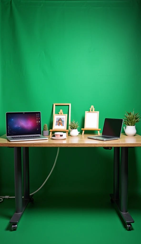 A studio background .The background will be green, with a table next to it, a few frames on the table, and a laptop and netbook. 