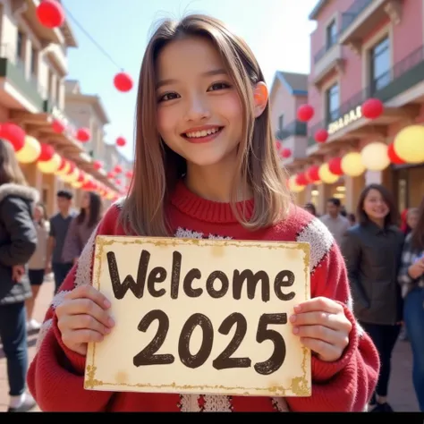 A smiling young woman in festive clothes carries a sign with the inscription “Happy New Year 2025”