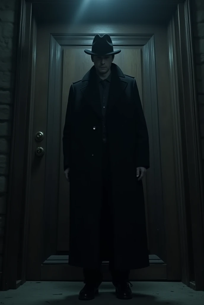 "A tall, mysterious man wearing a long black coat and a hat that partially hides his face. He stands at a wooden door in the middle of a stormy night, speaking in a calm yet unsettling tone. His eyes hint at a dark secret."