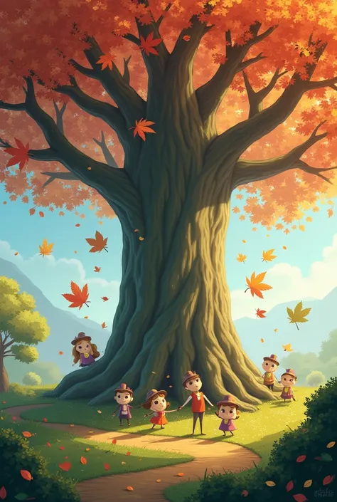 I draw a huge tree for me and around it are spring and autumn leaves smiling and playing with each other