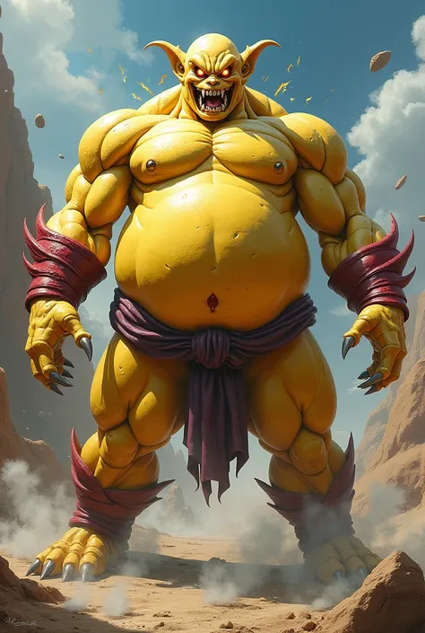 Create a mix of Majin Boo and a Saibaman that is yellow and that is evil in Dragon Ball style