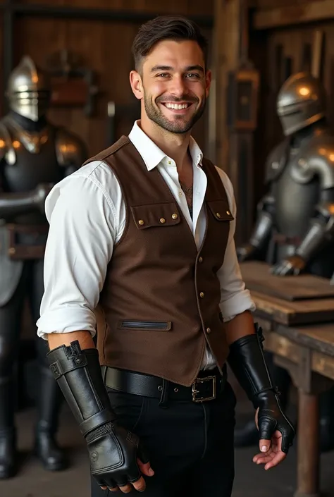 Strong, athletic man, approximately 23 years old,  cheerful smile , fair skin and dark brown eyes, short dark brown hair, wearing white shirt folded up to his forearm, brown dress vest with gold buttons, half-finger leather glove on right hand, Steampunk ,...