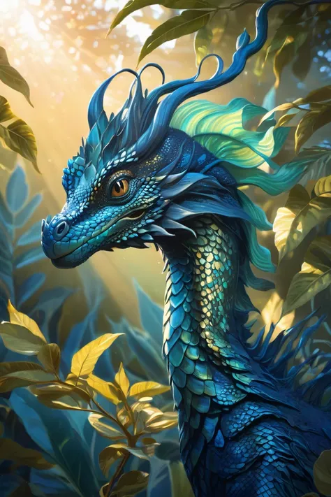  A portrait of a dark blue scaly tree-long hybrid creature with sea green leaves on the body, illuminated by the gentle, golden light of a quiet morning, which gently frame its shape 