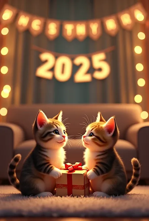 Two cats exchanging wrapped presents in a cozy living room decorated with fairy lights and a "2025" New Year banner.