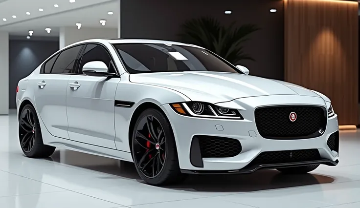 Create a 3d render ( front  back side) review car design 2025  jaguar xf) “( white) colour with a “( jaguar xf ) ” logo on back. “( jaguar xf )  on its  back end look. and Headlights“in pure glossy black with ultra detailed glossy shining image captured fr...