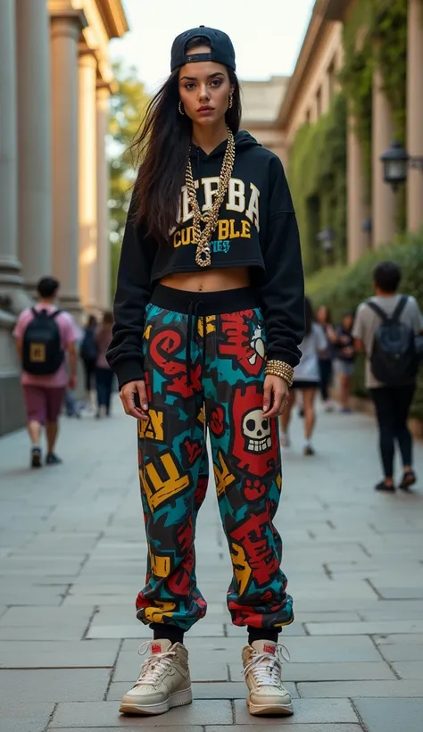 Hyper-realistic close-up image of
a young 22-year old long dark-haired light-skinned very slim Caucasian woman with huge breasts, 
exuding confidence in a bold ghetto-inspired outfit, styled with oversized rapper-gold chains and premium high-top sneakers. ...