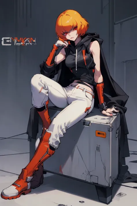 (( top quality )), ((masterpiece)), (be familiar with),Clementine, erect,  red eyes,sleeveless hoodie, black shirt , white pants,Alluring,whole body, boots, comments, cyberpunk,SF