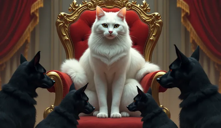 White cat queen on throne ,  and dogs black slaves kneeling in front of her