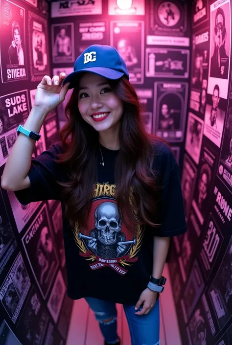 A full-body photograph taken from a top view using a convex fish-eye lens features a Korean woman posing in a box-shaped room with long, wavy hair. She is wearing a baseball cap with the DC logo and an oversized black graphic T-shirt with a metal theme. Th...