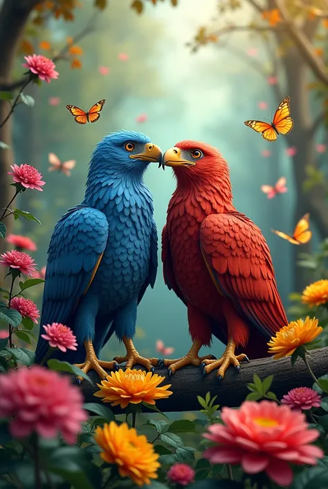 In a beautiful forest there are many flowers there are many butterflies flying there are also many flower branches flowers yellow red lilac flowers There are also two eagles, one blue, the other red, the color of wine with a super realistic texture