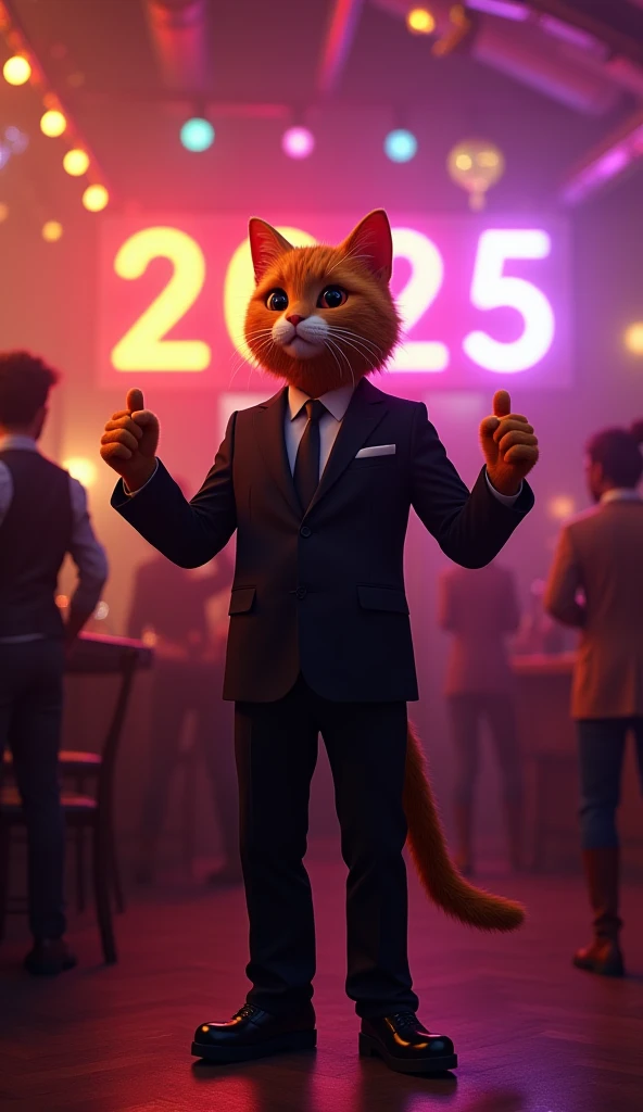 In cinematic 3D style HD image realistic image colourful image.
Character,fit body Jhonny big Orange cat wearing black suit red eye and black pant and black shoes

Action,Teenage boys and girls are dancing inside a pub and the disco lights are on and Johnn...