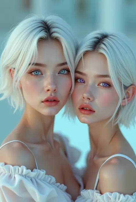 two 22years old girls, both of them have pale skin and white short hair, one them has blue eyes and the other one has purple eyes and they are super sexy and cute at the same time (face) (a little bit ulzzang)