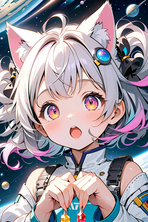 solo girl, rock candy, shiny skin, crazy eyes, (space hair:1.3), cat ears, beautiful fingers, (masterpiece, ultra detailed, top quality), anime, kindergarten.