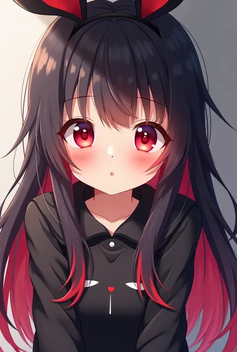  anime style pretty girl with red tips that reach her waist, black hair, red eyes, black bunny clothes (((Disgustingly shy face )))