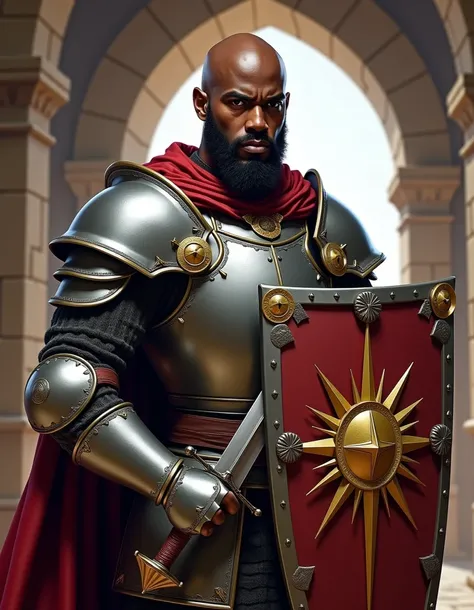 pathfinder, d&d setting, in a realistic high quality digital art style portrait of a boyish but rugged, heavily muscled, pug nosed, angular faced 18 year black male fighter in breast-plate armor. He has short length, wispy beard and is bald and is holding ...