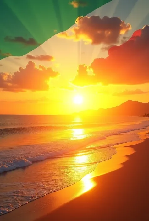  An image of the sun rising on Copacabana Beach, with the sky in the colors green white and red ,  alluding to the Fluminense football club 