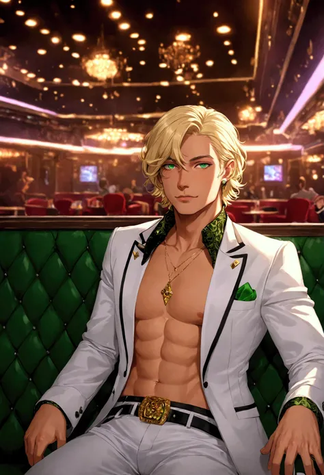 Man. He looks quite good-natured. Short blonde hair, green eyes, fair skin. Average build, slightly toned, athletic. Hes actually a pimp. Hes sitting in one of the clubs seats.