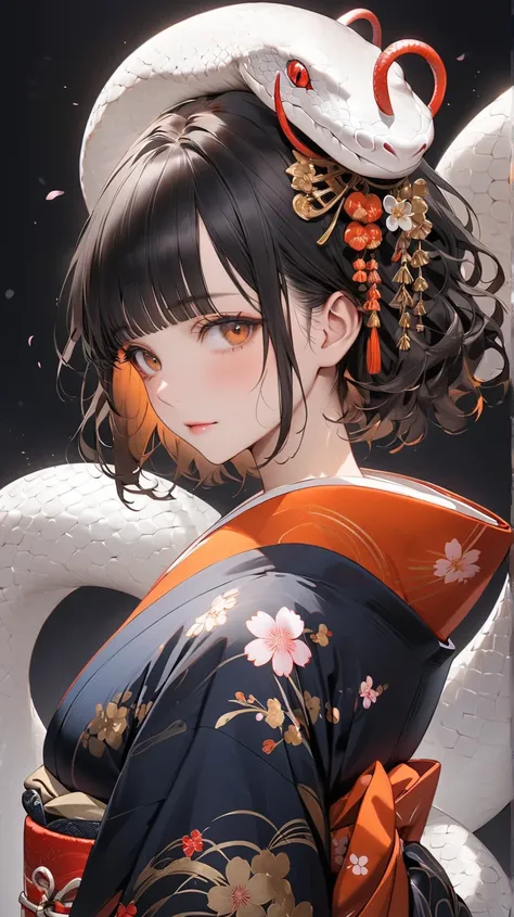 face details,semi realistic, Masterpiece, Master work, perfect proportion, 4K, full body, 1woman, mad blue kimono:1.2, mature body, straight short hair, flat Bangs hair style, mad black colored hair with orange strokes, multicolor hair, soft waves, natural...