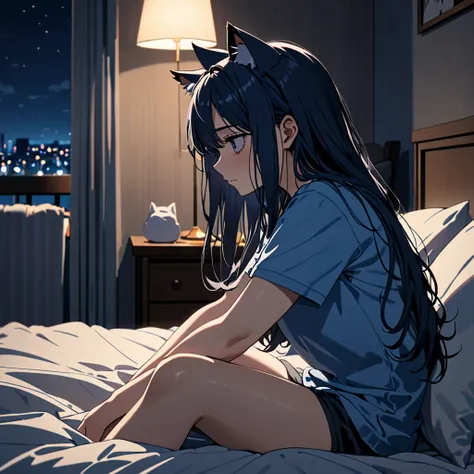 8K Ultra High-Quality, ultra-detailed, High quality, dark blue hair, long hair, cat ears, blue t-shirt, bedroom, sitting on bed, tired and depressed face, bags under the eyes, nighttime, lights out, side view, close up, full body 