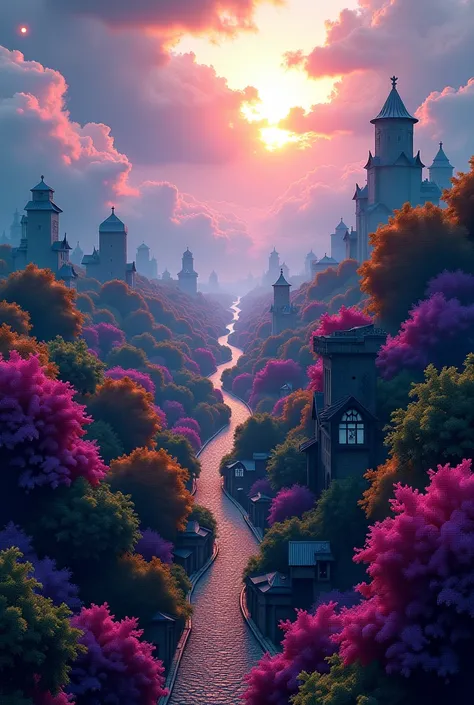 A breathtaking aerial view of a once-thriving village now overtaken by vibrant, otherworldly vegetation glowing in hues of purple, gold, and teal. The remnants of cobblestone streets and wooden houses blend seamlessly with the lush, surreal forest. Above, ...