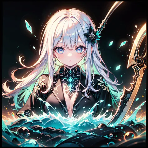 1girl, pretty face、Baby Face、grim Reaper、((( Perfect Anatomy、 Dynamic Best Composition、 top quality 、s greatest masterpiece、 super detailed 、 high definition 、CG,HHD,32K))),NEW STYLE 、 Geometric Neon Color Backgrounds、 Milky White Hair Color 、Black hair or...