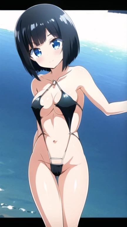  a girl, Alone, black hair, short hair, tied hair, sonrisa, slingshot swimsuit, beach, 