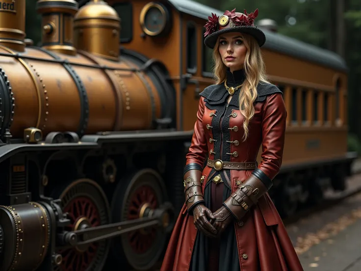 (( full body))), ((( heavy steampunk gold and ROSA porcelain steamer with great attention to detail ,  steam locomotive ))), There is a woman on the right (((And its in harmony   :   elegant and intricate steampunk costume  ,  Im wearing knee-length leathe...