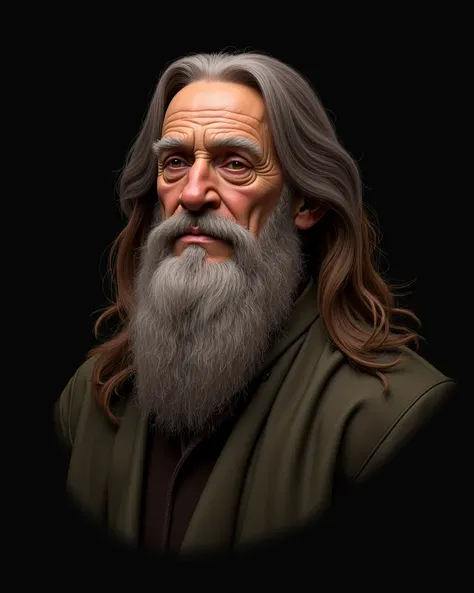 A Old Man, long brown,  long brown hair, realistic images backdrop is black 