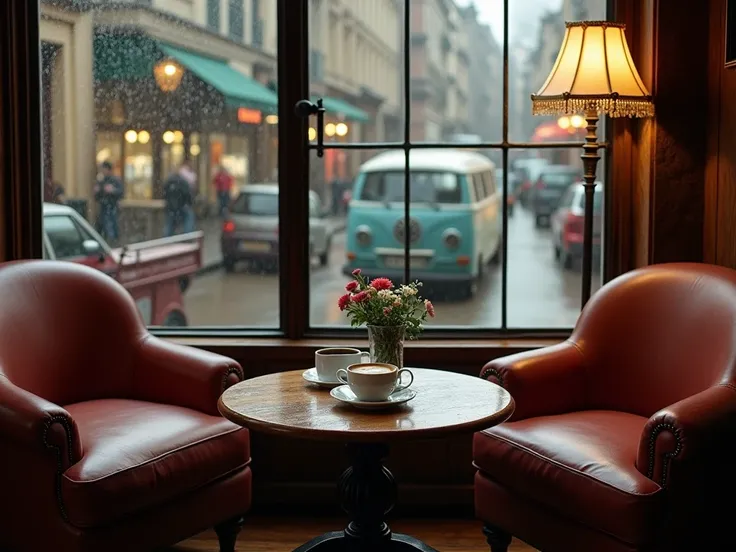 "A cozy, antique-inspired cafe on a rainy day, viewed from one armchair sofa, looking diagonally towards the opposite armchair sofa. The focus is on the wooden coffee table in front, with a steaming cup of coffee and a small antique vase with fresh flowers...