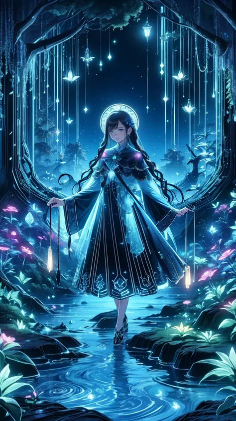 A fantasy-inspired depiction of Undine, the water spirit, standing gracefully by the edge of a mystical lake under a starlit sky. She has an otherworldly beauty with flowing hair that glows softly like liquid silver, and her dress is crafted from shimmerin...