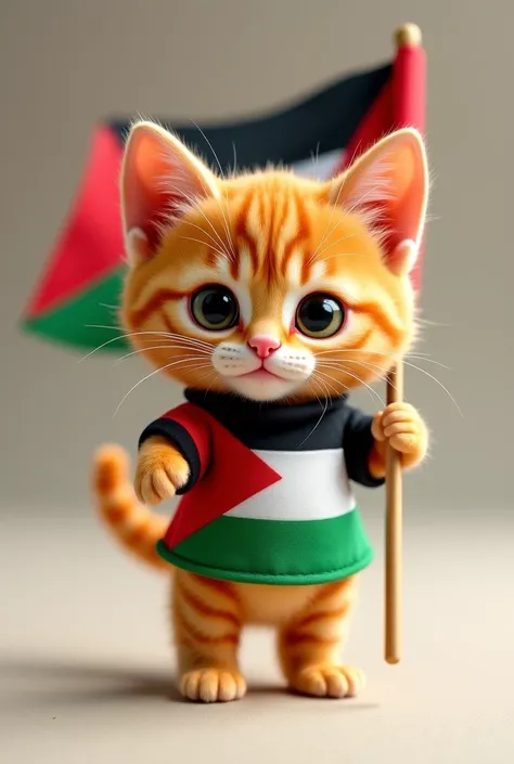 A very small orange cat wearing a Palestine shirt carrying the flag of Palestine 