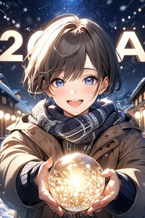  1 man,solo, (8k,  best quality, masterpiece:1.2), very detailed, super detailed,Master Class, best quality,Illustration,short hair, perfect lighting ,looking at viewer,smile,open mouth,saying "Goodbye 2024",night sky,Winter attire,coat, snowy skies, glitt...