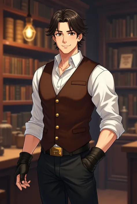 Strong, athletic man, approximately 23 years old,  cheerful smile , fair skin and dark brown eyes, short dark brown hair, wearing white shirt folded up to his forearm, brown dress vest with gold buttons, half-finger leather glove on right hand, Steampunk ,...