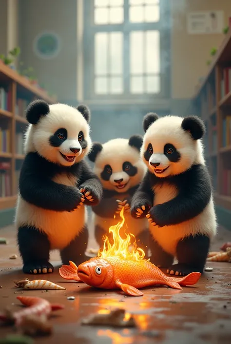 Three panda cubs are burning catfish in the middle of school