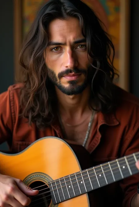 Portrait of a sensual Young Gypsy Man , safe-looking ,  with long, loose hair ,  hazel and brown eyes , that does not have a beard,  perfect composition ,  hyperrealistic,  quality, 8K,  HIGH QUALITY, trend art,  sharp focus,  studio photo,  intricate deta...