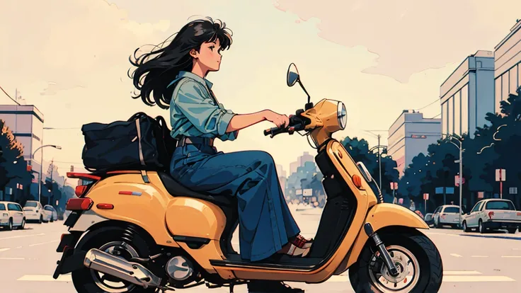 Beautiful woman riding a scooter、whole body、Right beside、In front of the cafe、Tokyo in the 1980s