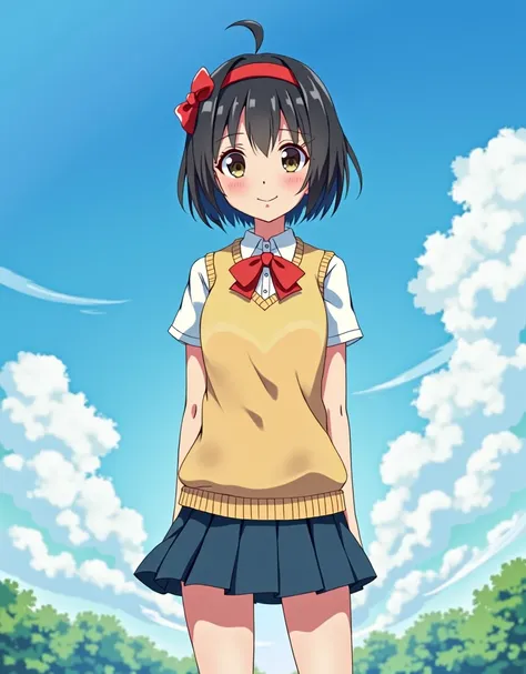 Shinkai Makoto, Kiminona and ., 1 Girl,  bangs, Black Hair, blue Sky,  blush, bow, bowtie,  brown eyes, cloud, collared shirt, Hairband, Hairband, Look forward, Negative Space, outdoor, red bow, red bowtie, red Hairband,  red ribbon , ribbon, School, shirt...