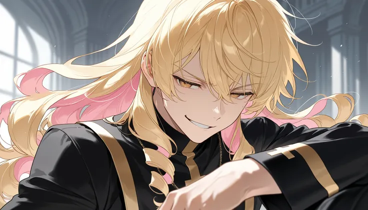 score_9, score_8_up, score_7_up, masterpiece, ultra-detailed,1 boy, Black priest, solo, Blonde hair, pink inner hair, curly hair, long hair, Smug, Action Pose
