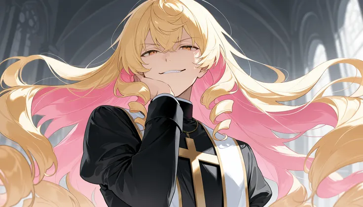 score_9, score_8_up, score_7_up, masterpiece, ultra-detailed,1 boy, Black priest, solo, Blonde hair, pink inner hair, curly hair, long hair, Smug, Action Pose
