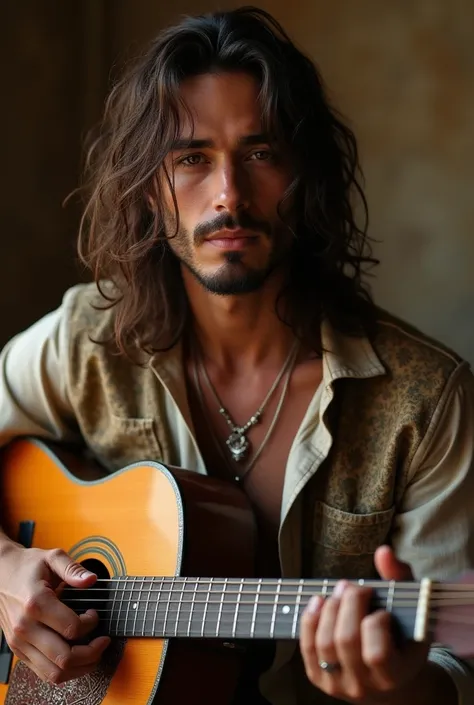 Portrait of a sensual Young Gypsy Man , safe-looking ,  with long, loose hair ,  hazel and brown eyes , that does not have a beard,  perfect composition ,  hyperrealistic,  quality, 8K,  HIGH QUALITY, trend art,  sharp focus,  studio photo,  intricate deta...