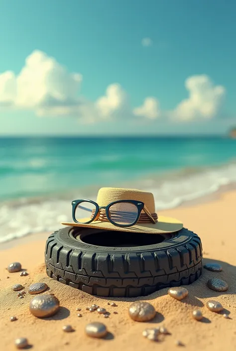  A tire on the sand of a beach with a hat and glasses,  around it there are silver objects , the sea in the background and a sunny day  