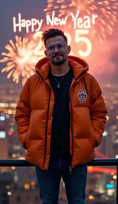 A hyper-realistic,  man with a smirk on the face and wearing transparent eyeglasses  stands on a breathtakingly high skyline with  beautiful fireworks in the background. He is wearing a black t-shirt and an orange puffer jacket with The Chow Chef written o...